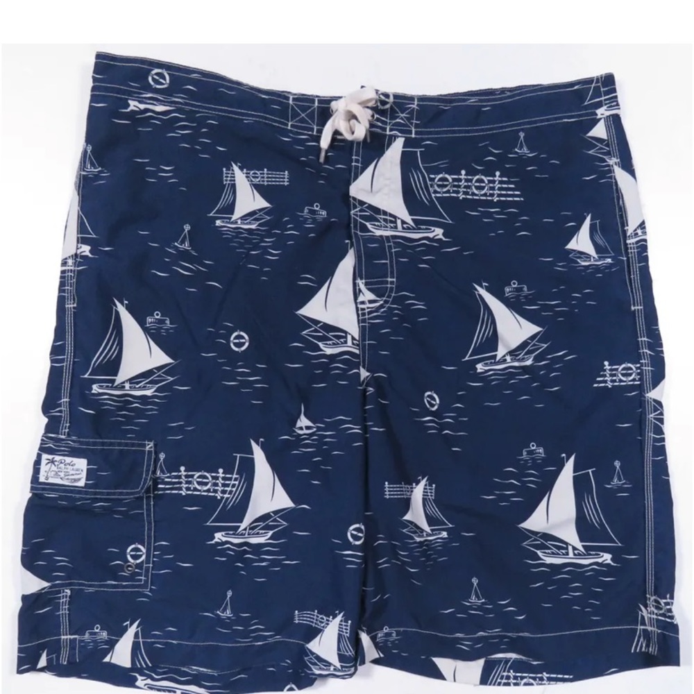 Men's Polo RL Sz Medium Navy Nautical Sailboat Lined Swim Board Shorts Vintage